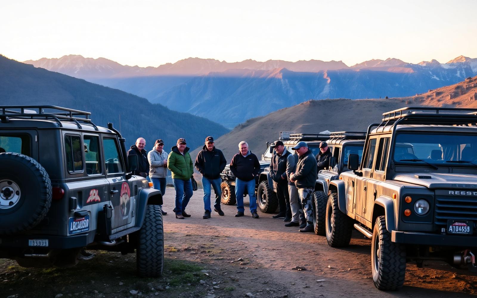 Gruppo di fuoristradisti al tramonto in montagna